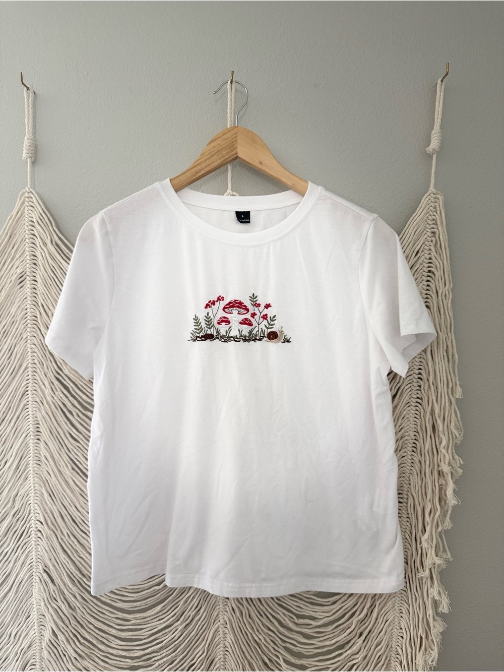 Trendy boutique White Tee with Red Mushroom Embroidery